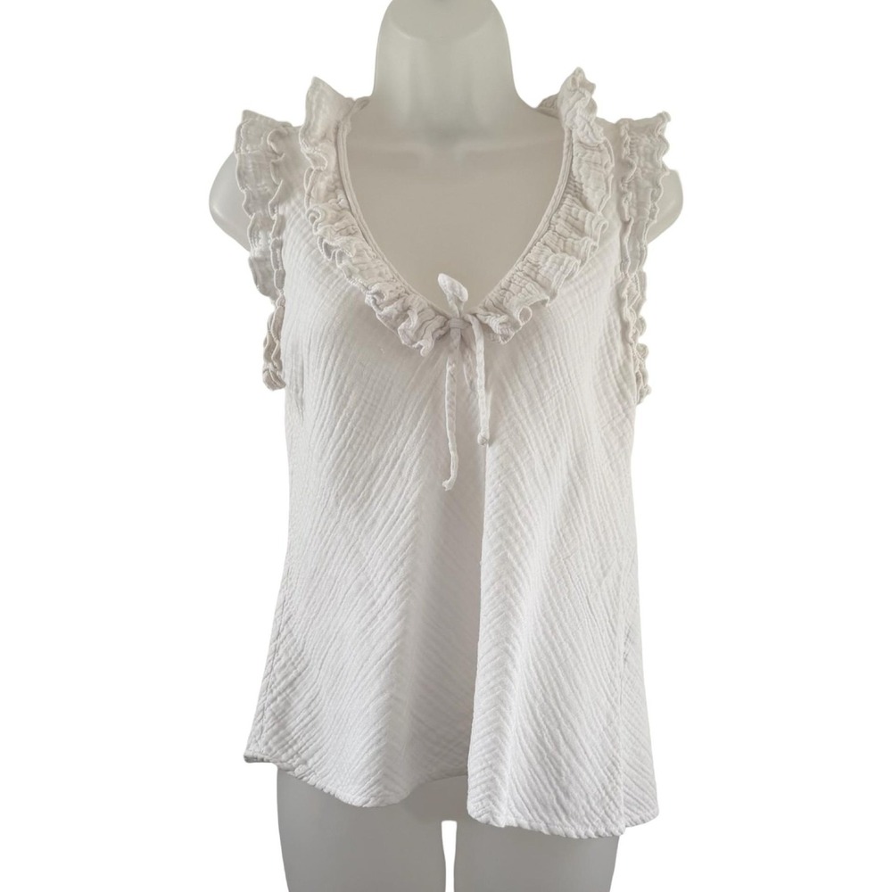 Stark X Tank Top Womens Small White V Neck Sleeveless Ruffle Cotton Gauze